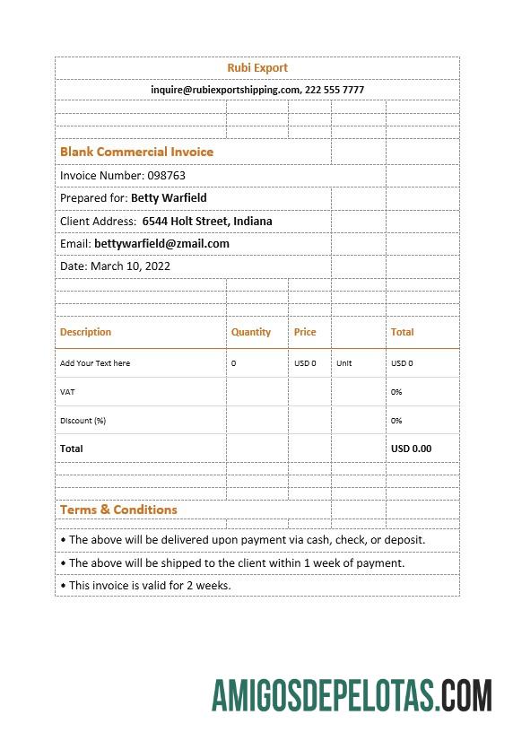 Fatura comercial em branco exemplo real